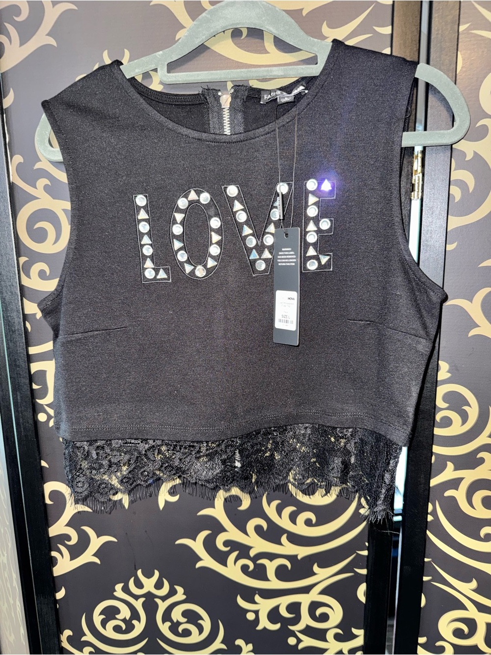 Fashion Nova Black Studded LOVE Lace-Hem Crop Tank